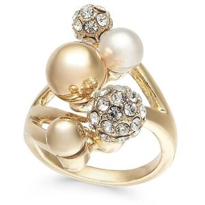 INC International Concepts Gold Tone Pearl Crystal Orb Ring Size 10 New w/Tag